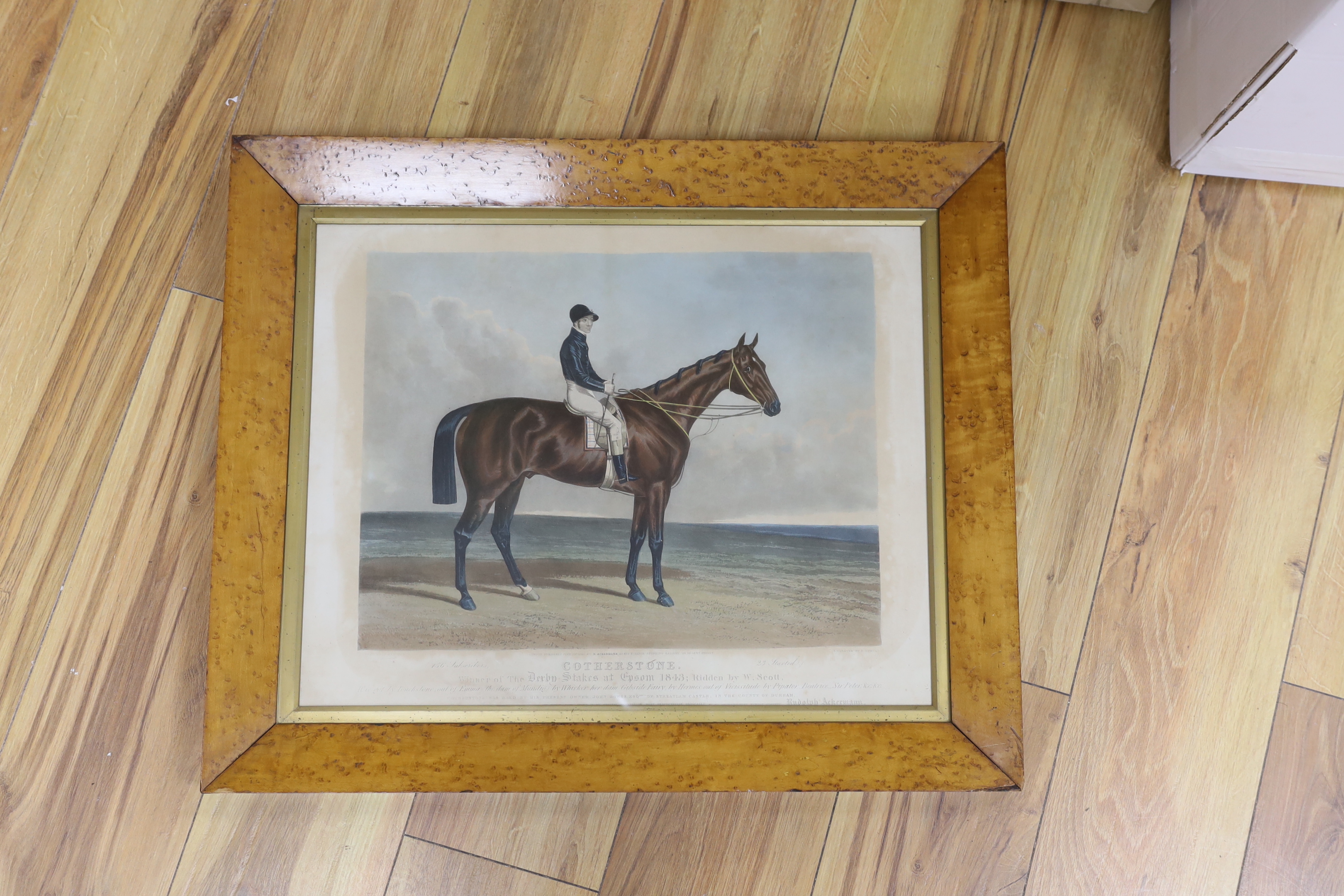 Duncan after Hancock, coloured aquatint, 'Cotherstone, Winner of the Derby Stakes at Epsom 1843', overall 38 x 49cm, maple framed